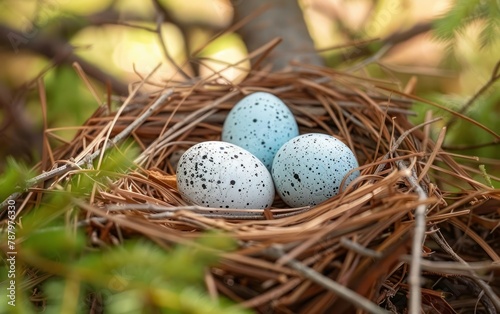 Speckled Eggs in Natural Bird Nest