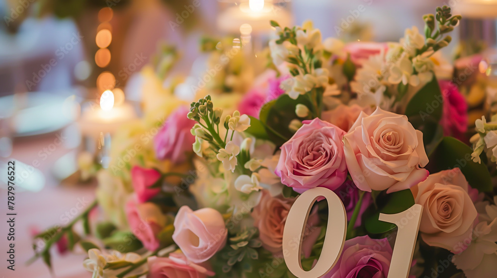 Fototapeta premium Decorative table number amidst romantic floral arrangement, concept of wedding celebration and elegance.