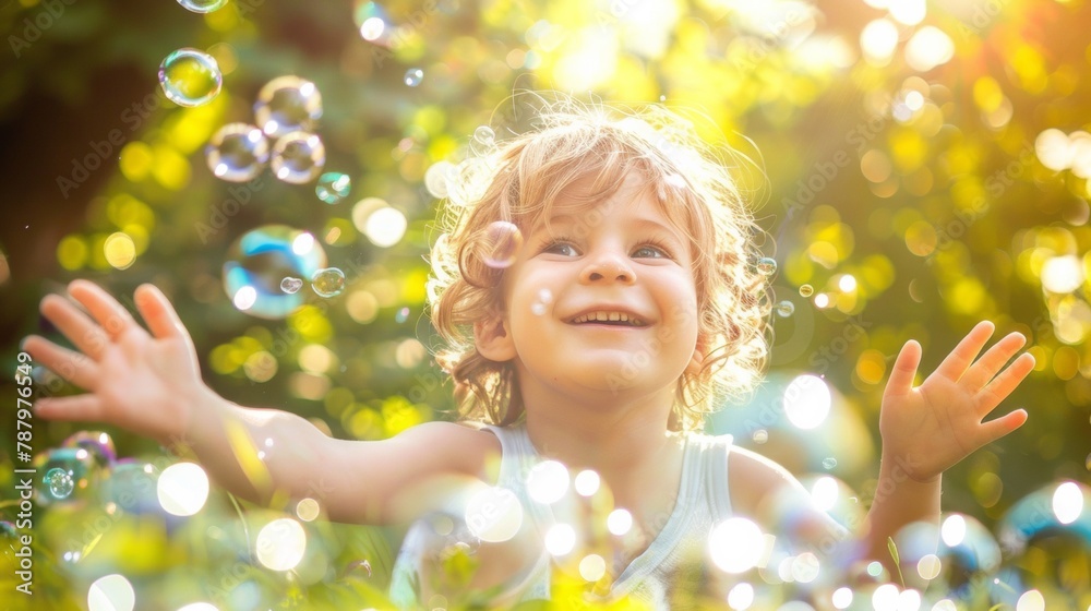 A little girl playing in the grass with bubbles flying around her, AI A little girl playing in the grass with bubbles flying around her, AI
