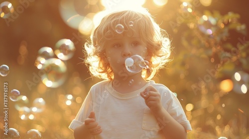 A young child blowing bubbles in a field of sun, AI