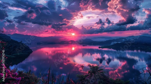 A beautiful sunset over a lake with mountains in the background, AI © starush