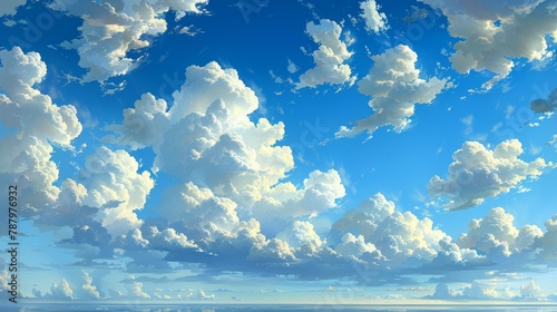 The serene atmosphere under a vast blue sky, fluffy clouds, and scenic backdrop creates a peaceful day