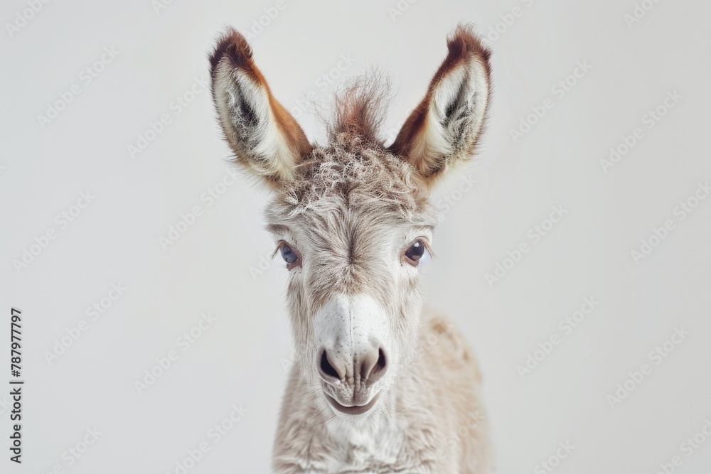 Obraz premium Close-up portrait of a young llama against a minimalist white background