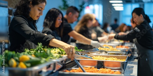 Diners are selecting offerings from a variety of dishes at a self-service buffet with a blurred background photo