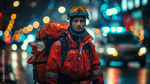 A dedicated paramedic in high-visibility gear stands alert and prepared on a city street at night, surrounded by vivid lights.
