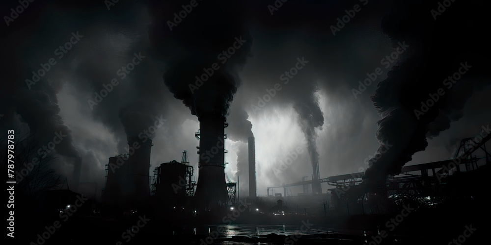 industrial scene with towering smokestacks emitting plumes of smoke. Generative AI