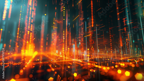 Abstract background with luminous trails and an urban outline evokes the essence of a digital metropolis pulsating with information.