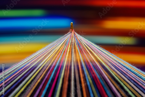 Converging Multi-colored Sewing Thread with motion blur effect on a rotating table, colorful background