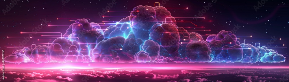 A dynamic network map displays data flow between devices and servers in tech driven cloud computing infrastructure A dynamic network map displays data flow between devices and servers in tech driven cloud computing infrastructure