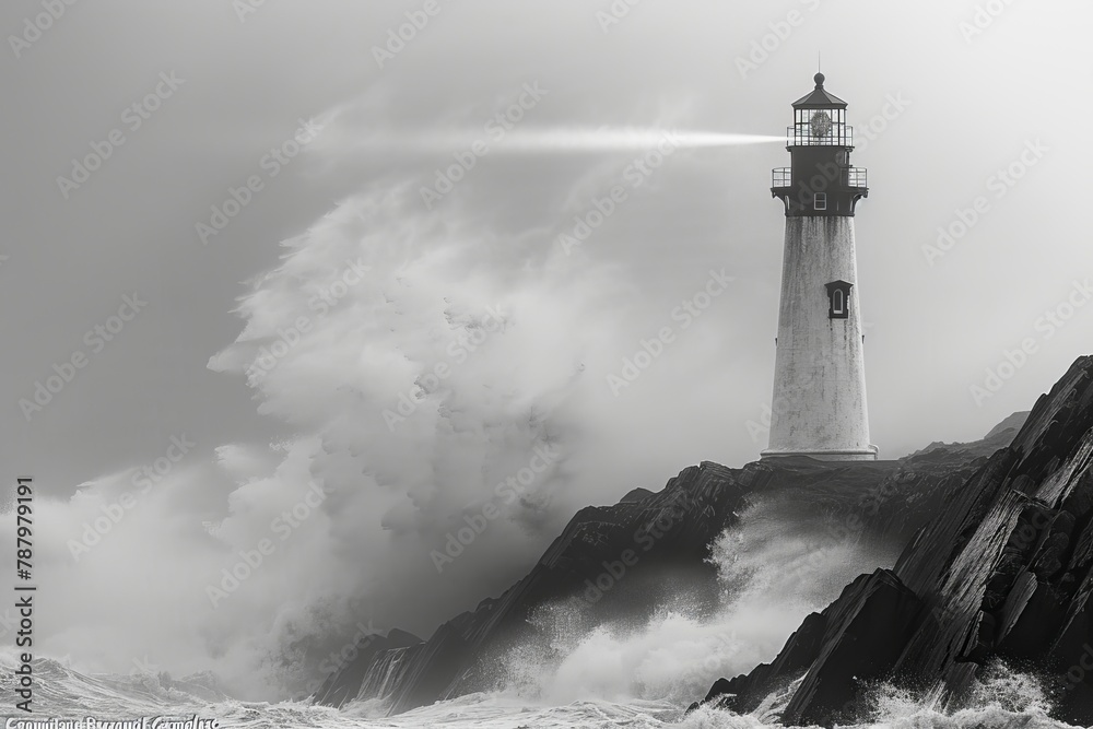 Thunderous, heavy clouds bursting over a rocky seaside, lighthouse beam piercing through the mist, waves crashing with fury