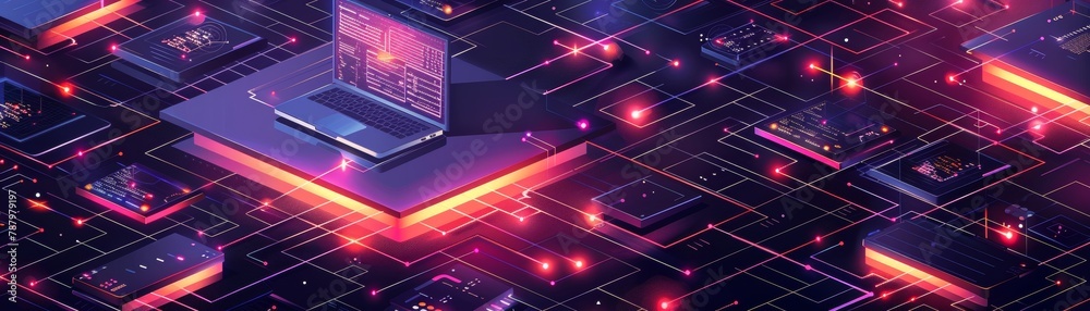 Tech driven cloud computing infrastructure, showcasing a dynamic network map and data flow between devices and servers Tech driven cloud computing infrastructure, showcasing a dynamic network map and data flow between devices and servers
