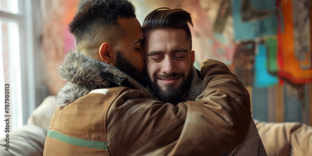 Two adult males share a warm embrace, displaying affection and friendship against a blurred indoor background