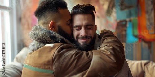 Two adult males share a warm embrace, displaying affection and friendship against a blurred indoor background