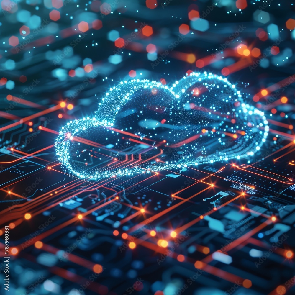 Depiction of a cloud computing integration system, with interconnected software components and automation tools designed for peak performance Depiction of a cloud computing integration system, with interconnected software components and automation tools designed for peak performance