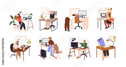 Office workers do yoga exercises at computer desks set. People with sedentary work stretch at break. Employees do home workout at workplace. Flat isolated vector illustration on white background