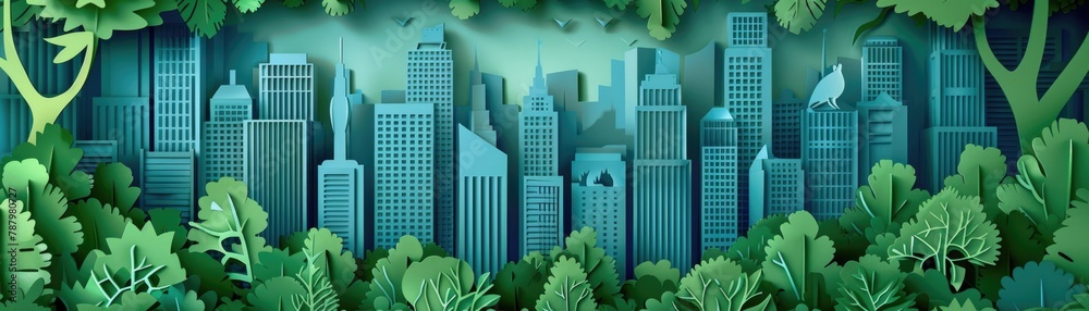 A layered papercut illustration of a city skyline with a backdrop of lush, towering trees and undergrowth instead of traditional parks