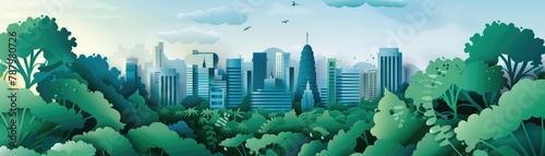 A layered papercut illustration of a city skyline with a backdrop of lush, towering trees and undergrowth instead of traditional parks © Pungu x