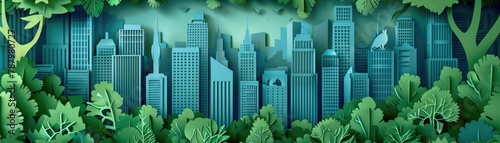 A layered papercut illustration of a city skyline with a backdrop of lush, towering trees and undergrowth instead of traditional parks