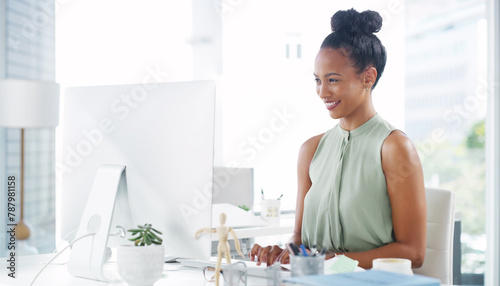 Businesswoman, computer and office smile as graphic designer for digital drawing, creative agency or project. Female person, website and market research for proposal brief, brainstorming or network