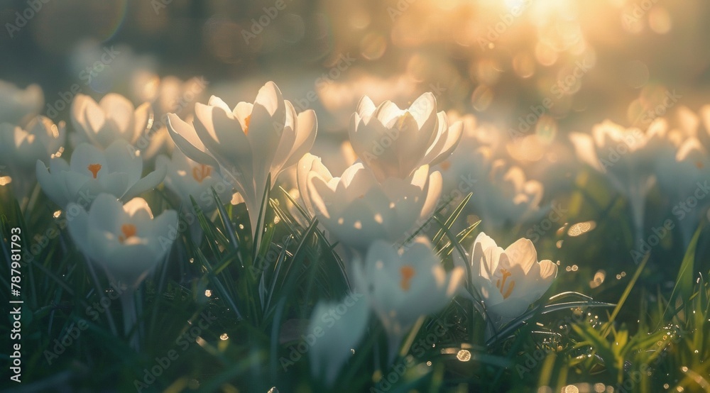 Bright spring sunshine bathes elegant white crocuses and vivid yellow daffodils emerging amidst verdant grass, symbolizing the vibrant reawakening of nature - obrazy, fototapety, plakaty 