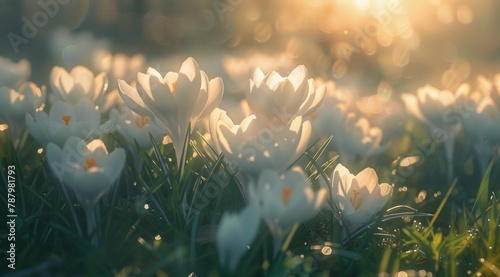 Bright spring sunshine bathes elegant white crocuses and vivid yellow daffodils emerging amidst verdant grass, symbolizing the vibrant reawakening of nature