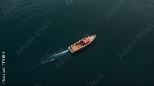 Aerial view of fishing boat on green water with algae bloom in river.generative.ai  © Akash