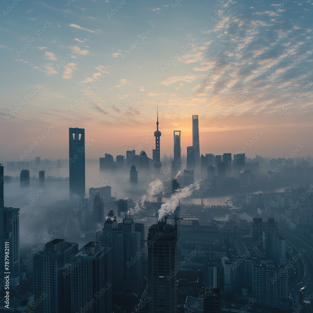 Unhealthy urban air PM 2.5 City Industry Under Sunset Sky