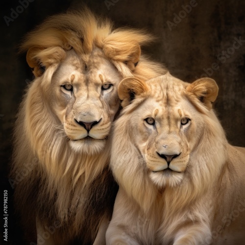 Majestic African lion couple loving pride of the jungle - Mighty wild animal of Africa in nature. 