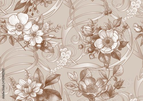 Boutonniere of wild rose flowers and berries Seamless pattern, background. Outline hand drawing vector illustration. In botanical style