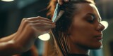 A hairdresser skillfully styles a client's hair, exemplifying care and expertise in a professional salon setting, forming a relatable background for beauty themes