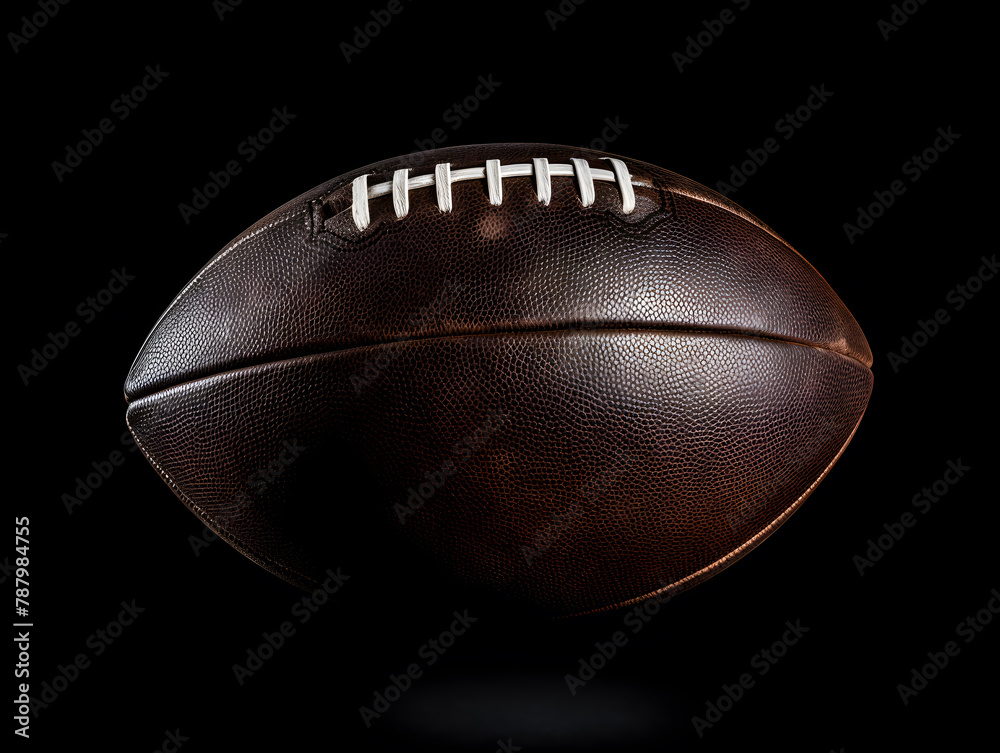 Isolated American football ball on black background with texture, perfect for sports enthusiasts and game-related designs Isolated American football ball on black background with texture, perfect for sports enthusiasts and game-related designs