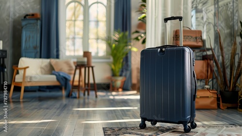 A large navy blue suitcase packed and ready, with travel essentials displayed in a well-lit room