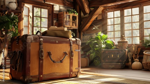 A large suitcase packed with essentials, ready for adventure, set in a cozy, inviting room