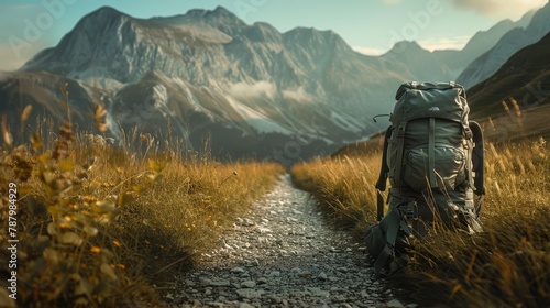 A serene path stretches towards towering mountains, a travel backpack eagerly awaiting the adventure