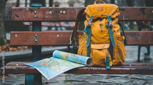 A travel backpack rests on a city bench, map sprawled out, beckoning the next adventure photo