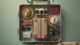A travel concept with a small suitcase, neatly arranged accessories, highlighting efficient packing