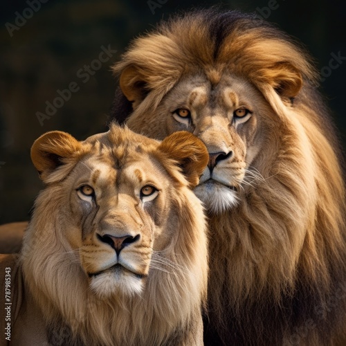 Majestic African lion couple loving pride of the jungle - Mighty wild animal of Africa in nature. 