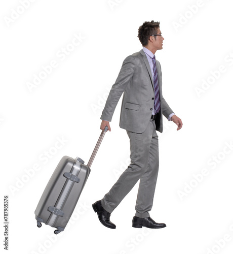 Traveler businessman walking holding luggage trolley isolated on transparent layered background.