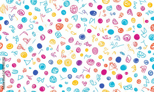 Colored children s doodle pattern. Abstract seamless pattern. AI generated.