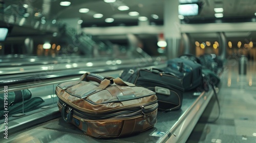 Abandoned luggage at an airport carousel, highlighting the common issue of lost baggage during travel photo