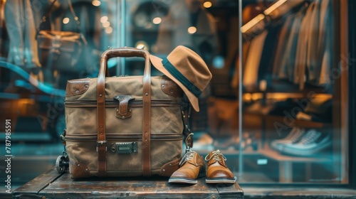 Accessories sprawled around a neatly packed suitcase, wheels poised near a glass window, symbolizing departure photo