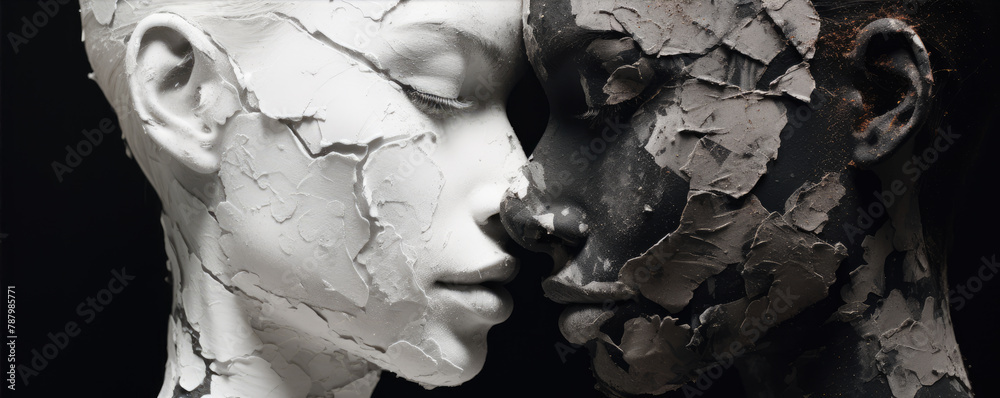 woman heads with an artistic cracked texture style on a black background, suggesting concepts of fragility and complexity.