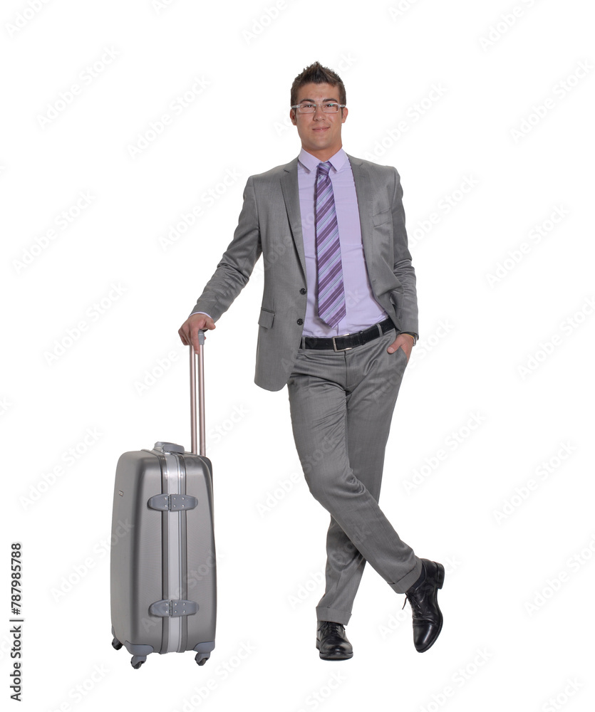 Traveler businessman holding a luggage trolley isolated on transparent layered background. Traveler businessman holding a luggage trolley isolated on transparent layered background.