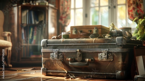 Close-up of a packed large suitcase, accessories spilling out, set against a warm room backdrop