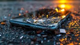 A broken cell phone laying on the ground with a cracked screen, AI