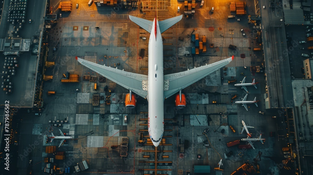 A gigantic airplane in the frame prepares for departure, its enormity emphasized by the top view at the sprawling airport. A gigantic airplane in the frame prepares for departure, its enormity emphasized by the top view at the sprawling airport.