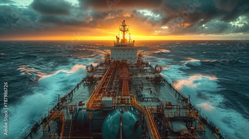 A petroleum-laden commercial oil tanker moored in a bay, surrounded by the vast expanse of the ocean. Highlighting industrial maritime shipping