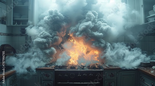 An empty kitchen is engulfed in smoke and flames, untamed fire dancing atop the unattended stove, painting a picture of hazardous neglect. photo