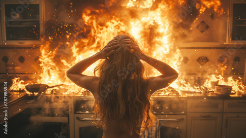 In her home kitchen, a woman's food preparation takes a scary turn as her stove bursts into uncontrollable flames. photo