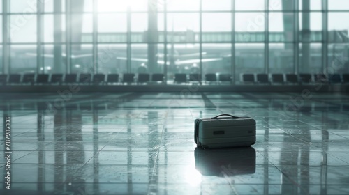 Dramatic view of a lost small suitcase at an empty airport terminal, evoking travel mishaps